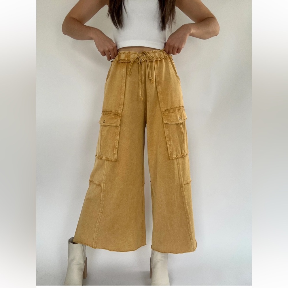 111. NWT easel Mustard Yellow Wide-Leg Cargo Pants - Picture 2 of 5